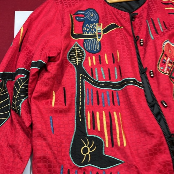 Maggie Barnes RED BIRD artsy button up BLAZER Art to wear,TOTEM pole shapes 3XL - Picture 9 of 16